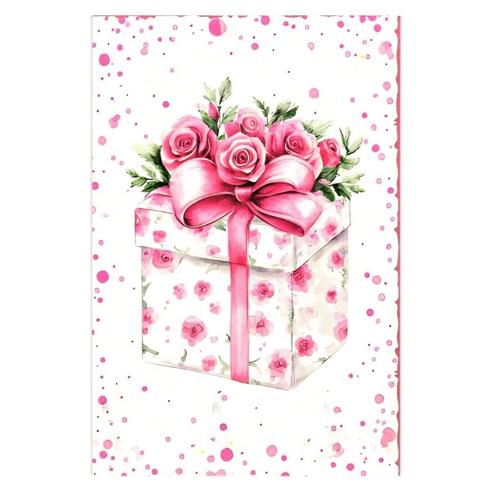 Pink Roses Gift Box Postcard Decorative Art Card Shabby Chic Valentine Love